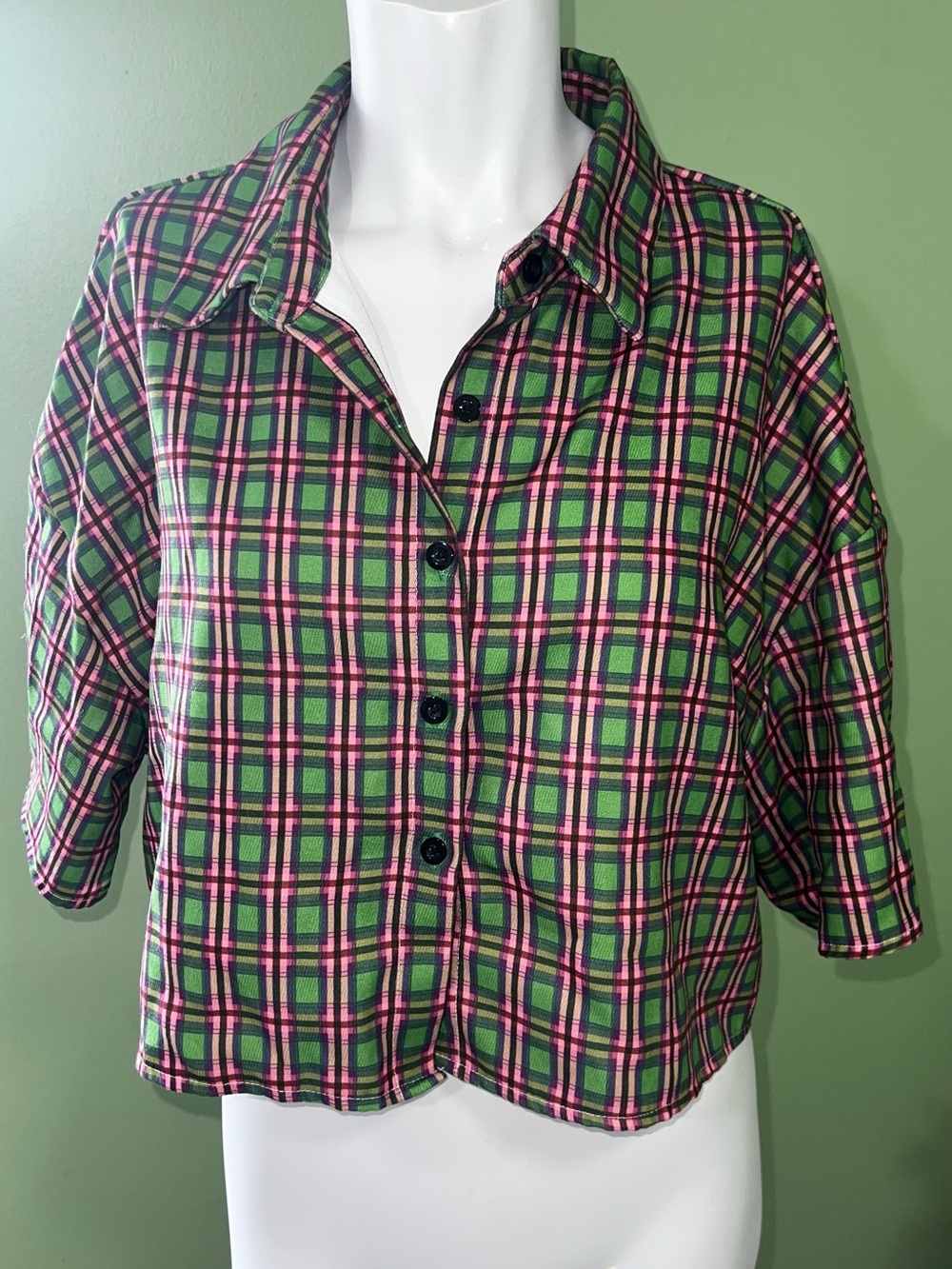 SHEIN Plaid Short Sleeve Cropped Button Up Shirt EU 40/42 US 8/10 Large